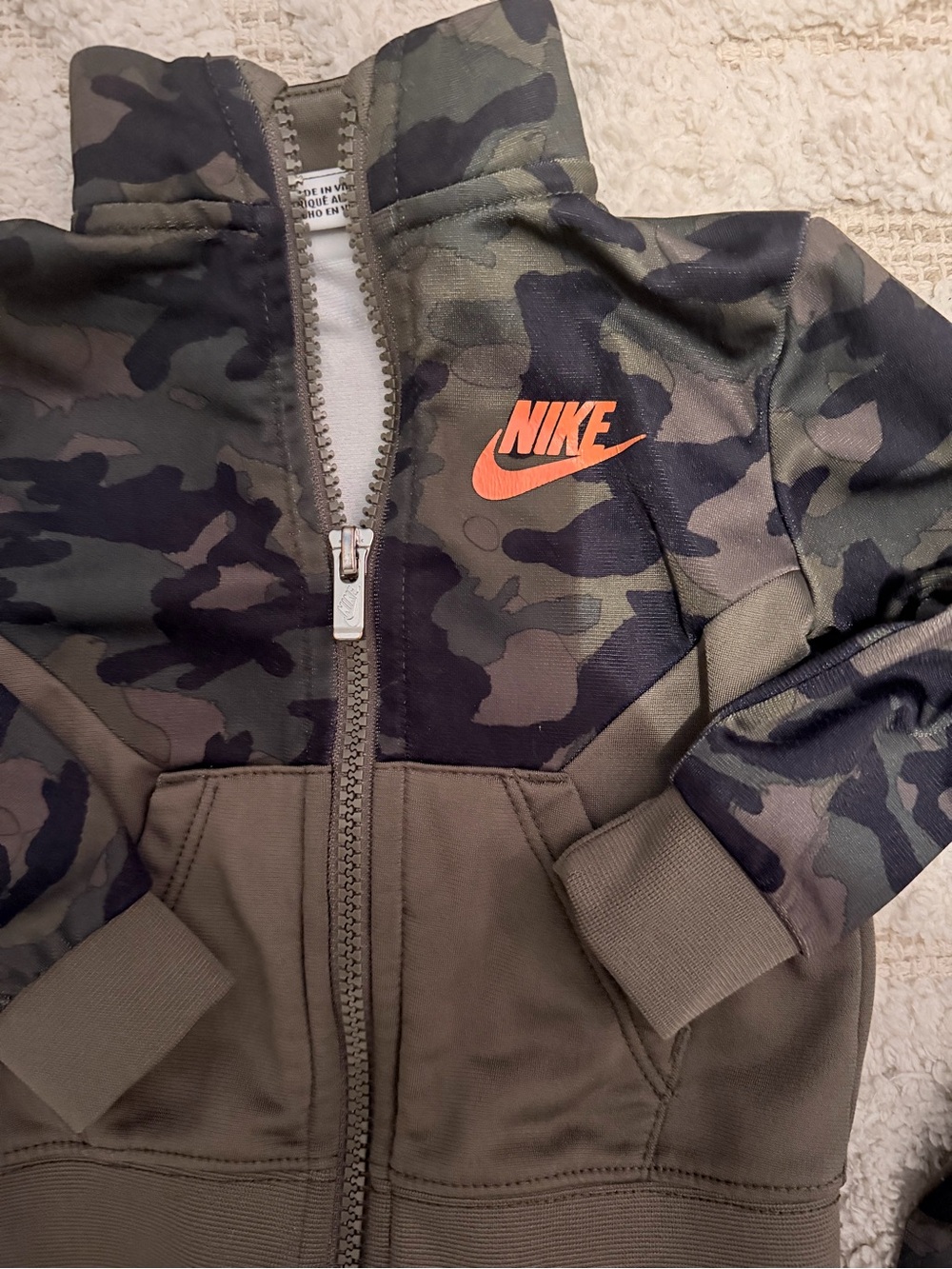 Nike Olive Green Camo Zip Hoodie with Orange Logo